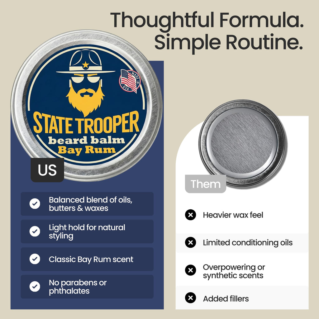 State Trooper Beard Balm (2 oz Tin) – All Natural Leave-In Beard Conditioner & Softener for Men – Bay Rum – Infused with Shea Butter, Argan & Jojoba Oils for Healthy, Tamed Beards