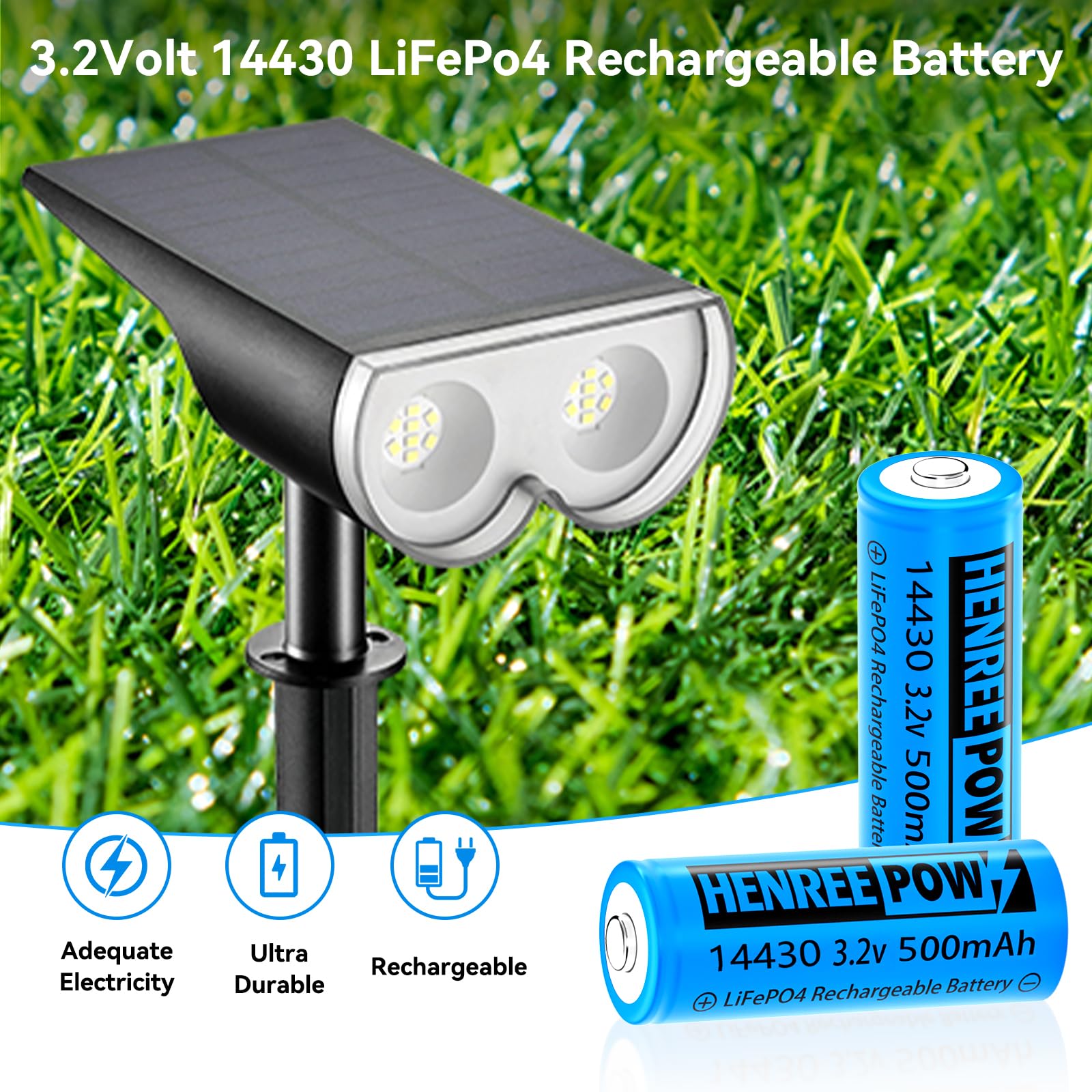 Henreepow LiFePo4 Battery 14430, 3.2v Rechargeable Solar Batteries, 500mAh LiFePo4 Battery for Outdoor Solar Garden Lights, Shaver, Flashlight, Toothbrush (6pack-Not AA Size)