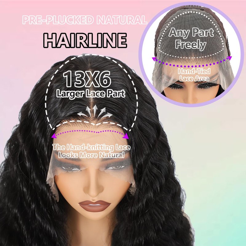 VIPPRETTY 13X6 HD Lace Front Wig,30Inch Glueless Loose Deep Wave Wig Natural Black.Synthetic Lace Front Wigs Pre-Plucked,Vogue Highlight Technology-Premium Fiber &Heat Resistant Human Hair Touch