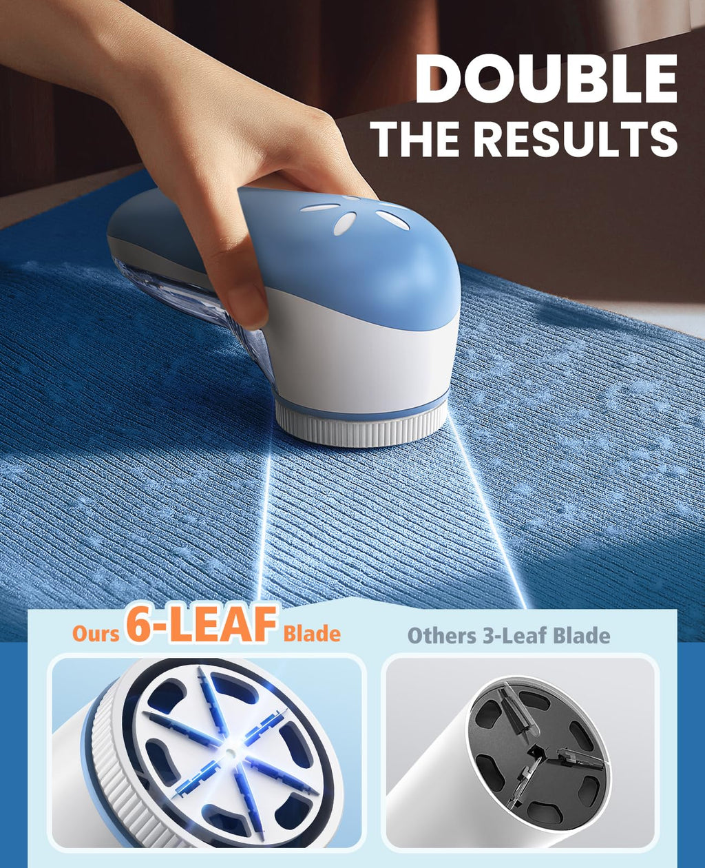 POPCHOSE Fabric Shaver, Lint Remover for Clothes, Electric Lint Shaver with 6-Leaf Blades, Sweater Shavers to Remove Pilling for Clothing, Couch, Furniture, Fuzz, Lint Ball, Bobbles, Light Blue
