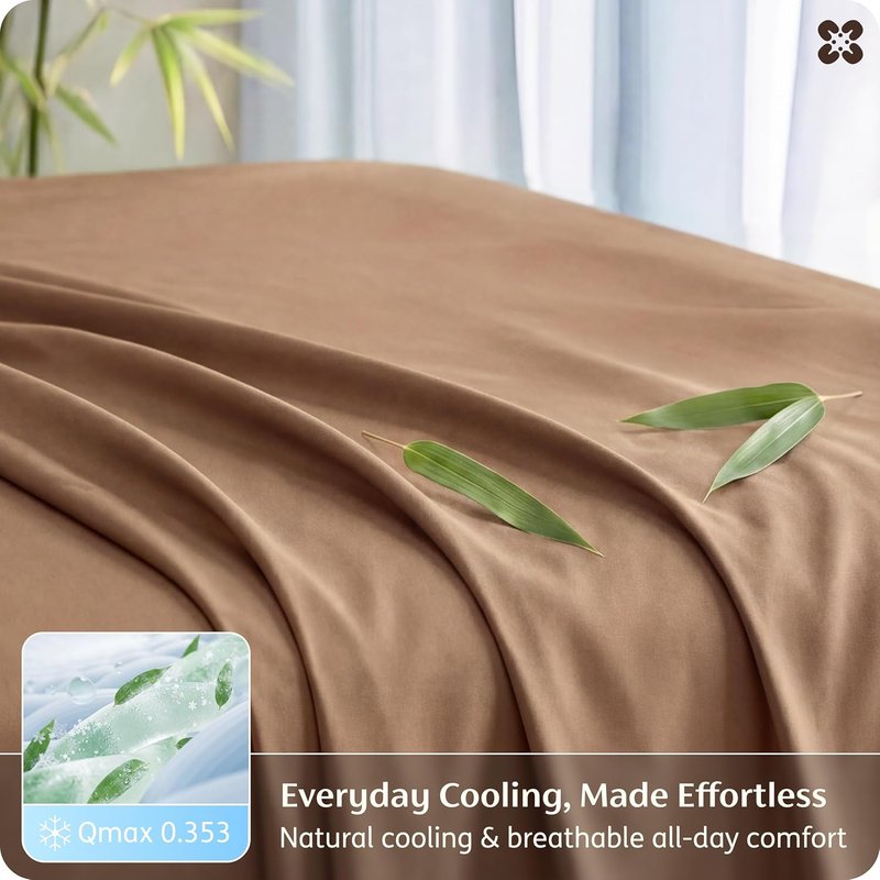 Bedsure Queen Sheet Set - Cooling Rayon from Bamboo | Breathable, Soft & Silky Bedding - Khaki, Deep Pocket Up to 16 Inches
