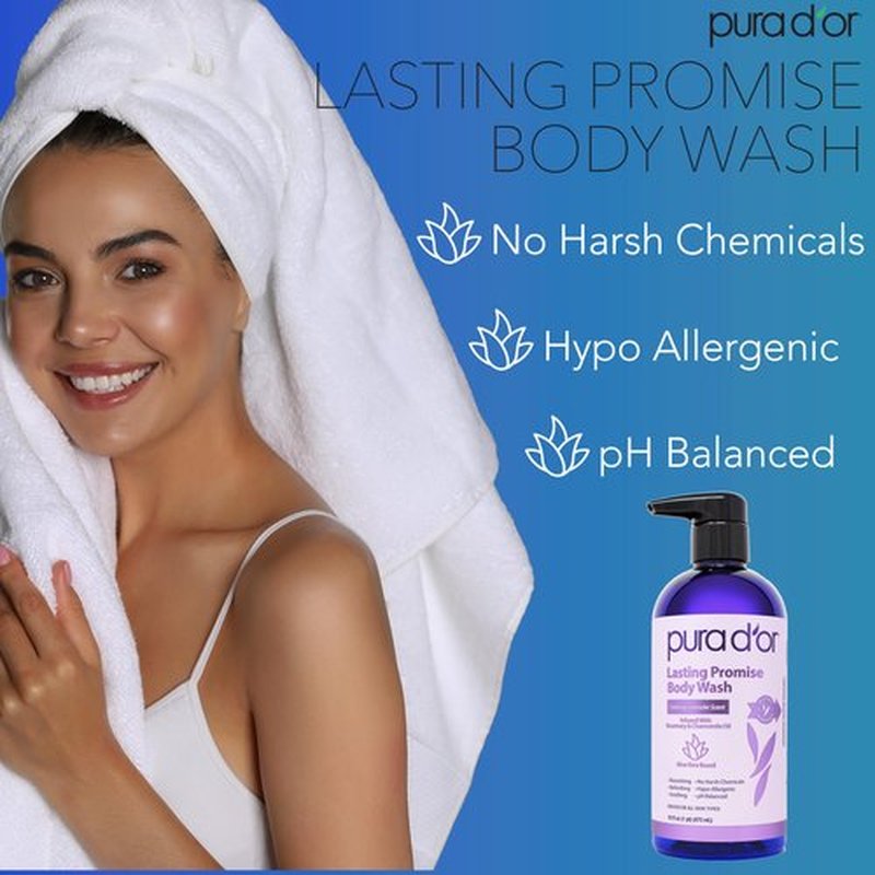 PURA D'OR 16 Oz Lasting Promise Body Wash – Calming Lavender Scent – Aloe Vera Based, Infused with Rosemary & Chamomile Oil – pH Balanced, Sulfate-Free, Hypoallergenic, Vegan – For Men & Women