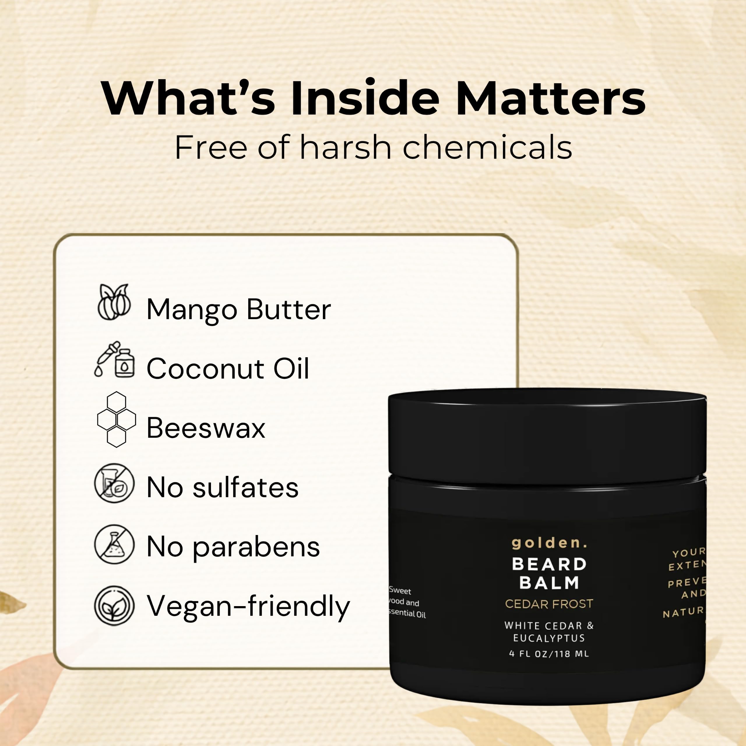Golden Grooming Beard Balm - Tames Flyaways & Promotes Thicker Growth - Natural Styling Wax with Shea & Mango Butter - Relieves Beard Itch & Dandruff - Cedar Frost, 4oz