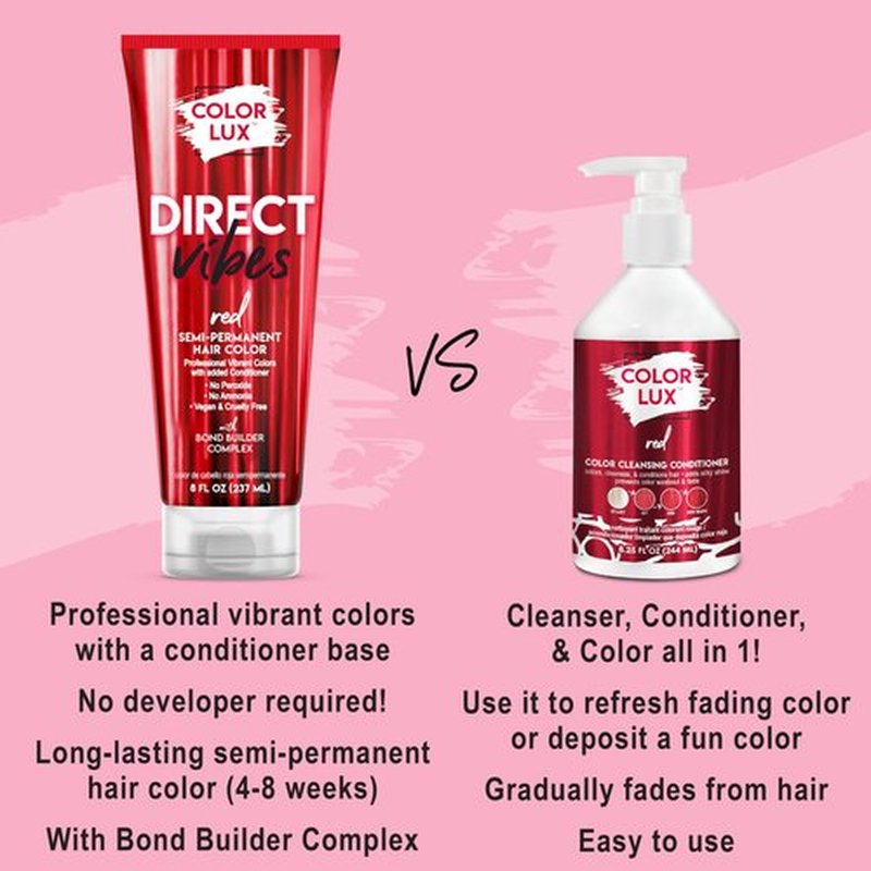 Color Lux Direct Vibes Semi-Permanent Hair Color, Red, Vibrant & Long-Lasting Shade With Bond Builder Complex, Ammonia-Free, Vegan, Sulfate-Free, Paraben-Free, 8 fl oz