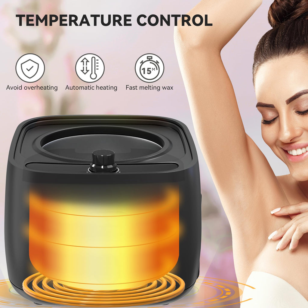 Waxing Kit for Women Men, Wax Warmer with Silicone Bowl & 4 Bags Hard Wax Beads, Portable Wax Kit for Sensitive Skin Full Body Hair Removal, Brazilian Bikini, Eyebrow, Face, Black