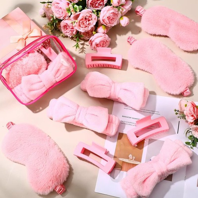 Hoteam 24 Pcs Spa Party Favors Supplies 6 Spa Headband 6 Plush Sleep Eye Mask 6 Hair Claw Clips 6 Clear Cosmetic Bags for Adult Sleepover Slumber Party Graduation Gift(Pink)
