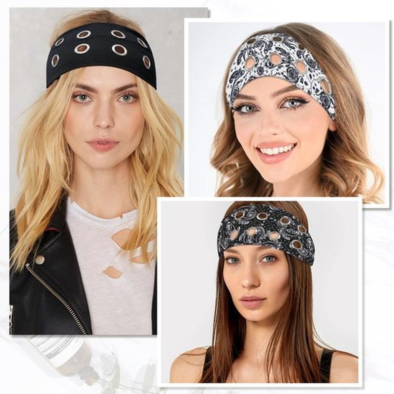 4 Pack Y2K Punk Hollow Metal Headbands - Wide Hairband with Grommet Eyelet Design, Leopard Print Elastic Bands - Retro Fashion Accessories for Girls, Women, Festival, Street & Daily Wear(A)
