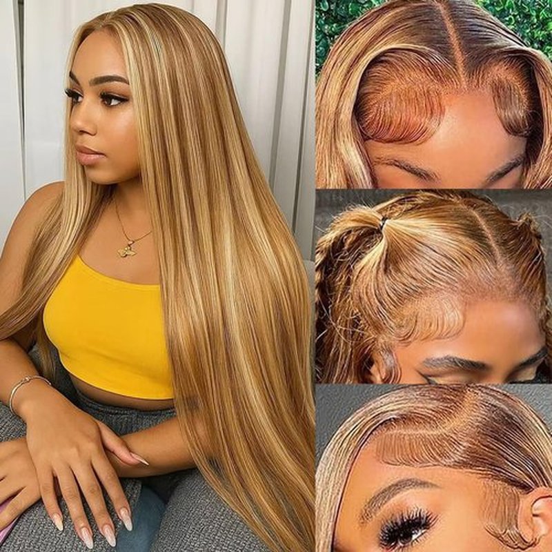 Honey Blonde Ombre Lace Front Wig Human Hair Highlight 13X6 Straight Lace Front Wigs Human Hair Pre Plucked 200 Density 4/27 Glueless HD Lace Frontal Highlighted Wig Human Hair for Women 24 Inch