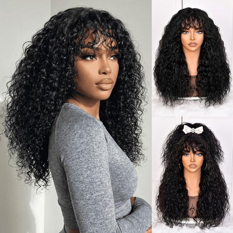 Annivia Curly Wig human hair for Black Women 200 Density Long Curly Wig with Bangs 100% Human Hair Black wigs for Daily 22Inch