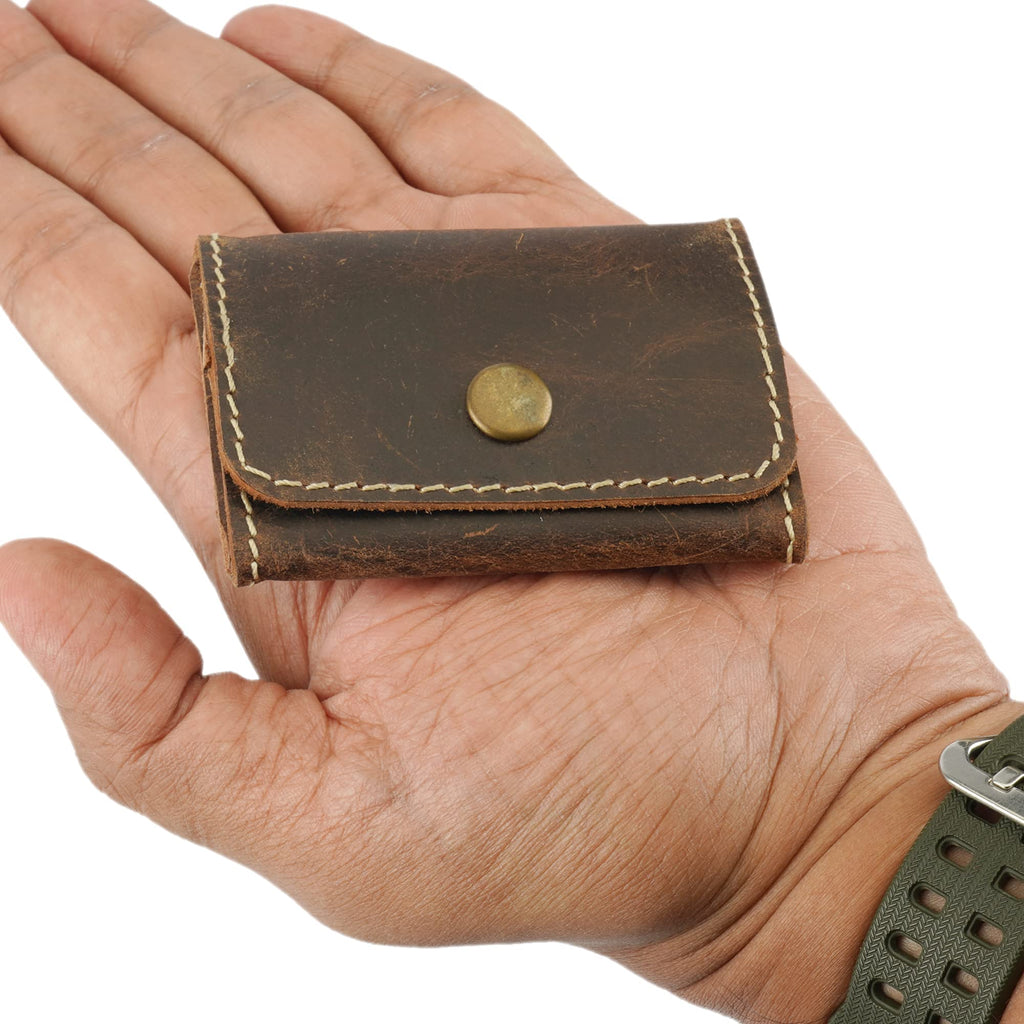 CestAntiQ, Leather Coin Pouch, Change Holder, Mini Pocket Wallet for Men & Women, Vintage Handmade Brown Leather with Antique Button Closure, Natural Threads, Compact Wallet for Coins & Small Items