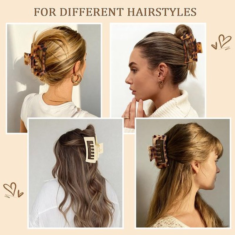 6 PCS 4.1 Inch Large Claw Clips for Women Girls, Big Tortoise Shell Rectangle Hair Clips for Thick/Long/Curly Hair, Strong Hold Square Claw Clip Non Slip Banana Jaw Clips Hair Accessories