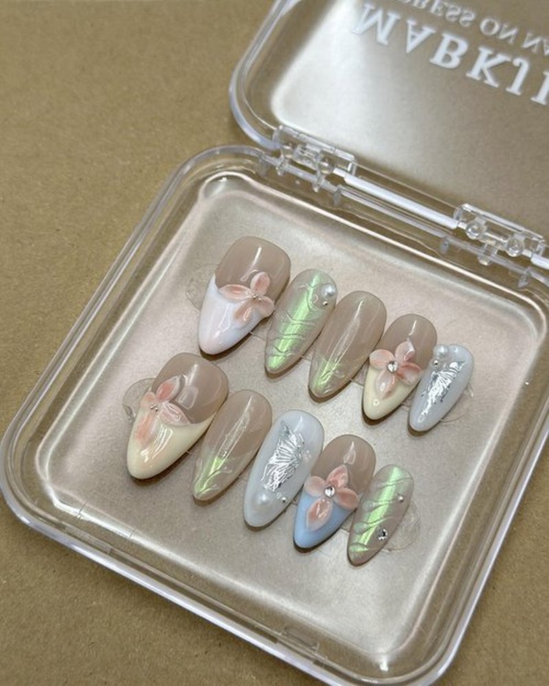 Luxury Press on Nails Medium Almond Handmade 3D Unique Reusable ABS Material Fake Nails French Tip False Nails with Designs Butterfly Pearls Art Petal Glossy Glue on Nails Thick Acrylic Nails(M)