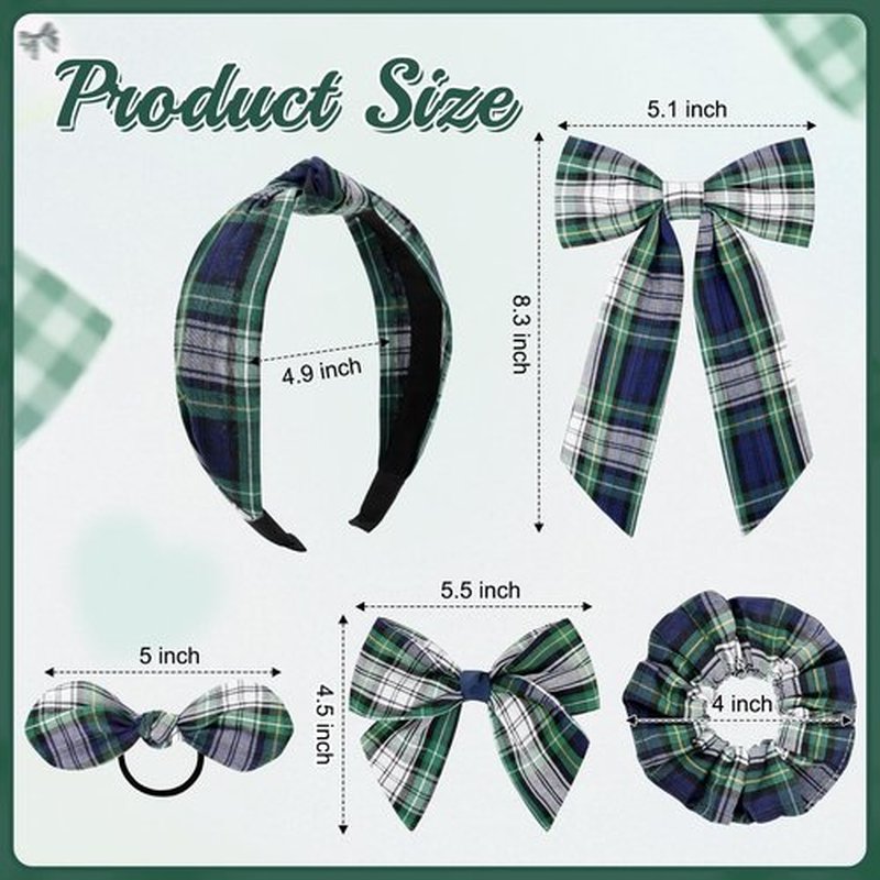 DEEKA 5 Styles Uniform Long Tail Hair Bows Knotted Headband Scrunchies Bow Set Alligator Clips Back to School Accessories for Toddler Little School Girls (Green, Navy, White&Yellow 5 Styles)