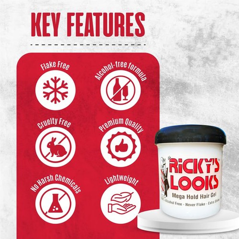 Ricky's Looks Mega Hold Styling Hair Gel for Curly, Frizzy, Straight, Wavy & Fine Hair - Flake Free, Strong Hold and Shine - For All Hair Types - Men & Women