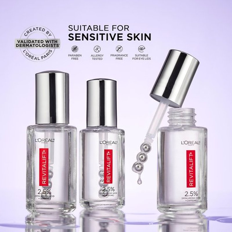 L'Oreal Paris Revitalift Hyaluronic Acid + Caffeine Hydrating Eye Serum for Dark Circles, Fragrance Free .67 fl. oz + Moisturizer Sample