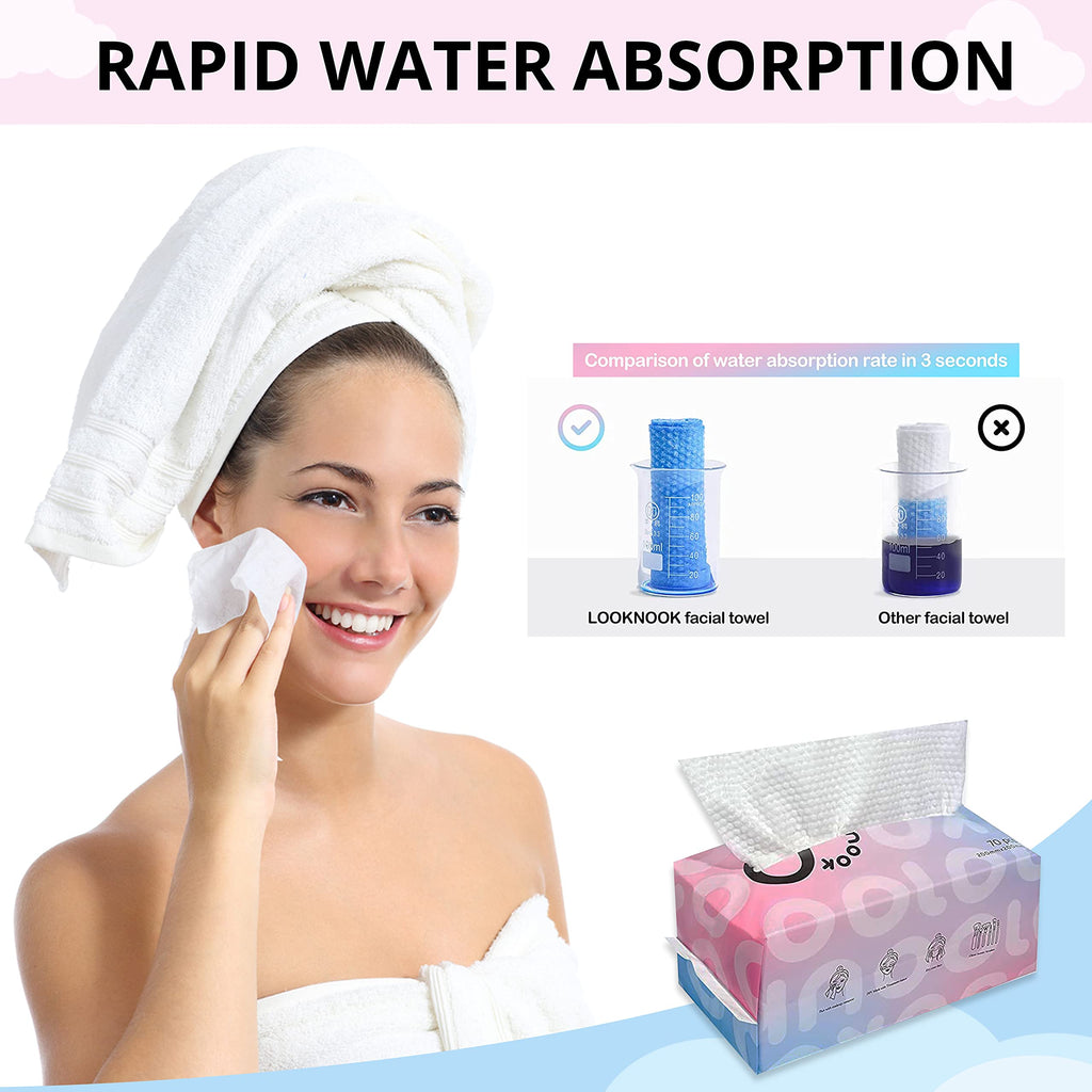 LOOKNOOK Disposable Face Towel, Facial Towel 50% Thicker than Others, Acne Fighting Lint Free Face Wash Cloth, Makeup Towel, Super Soft for Sensitive Skin, Multipurpose Cleaning Cloth, 70 Count