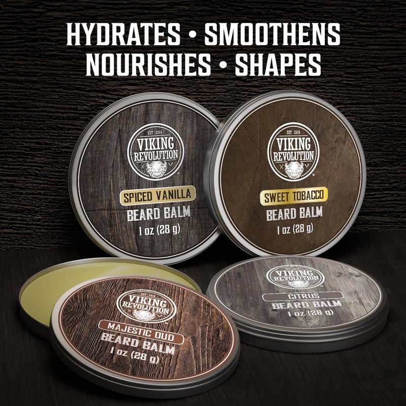 Viking Revolution Beard Balm Variety Pack - 4 Scents (1oz Each) | Styles, Strengthens & Softens Beards