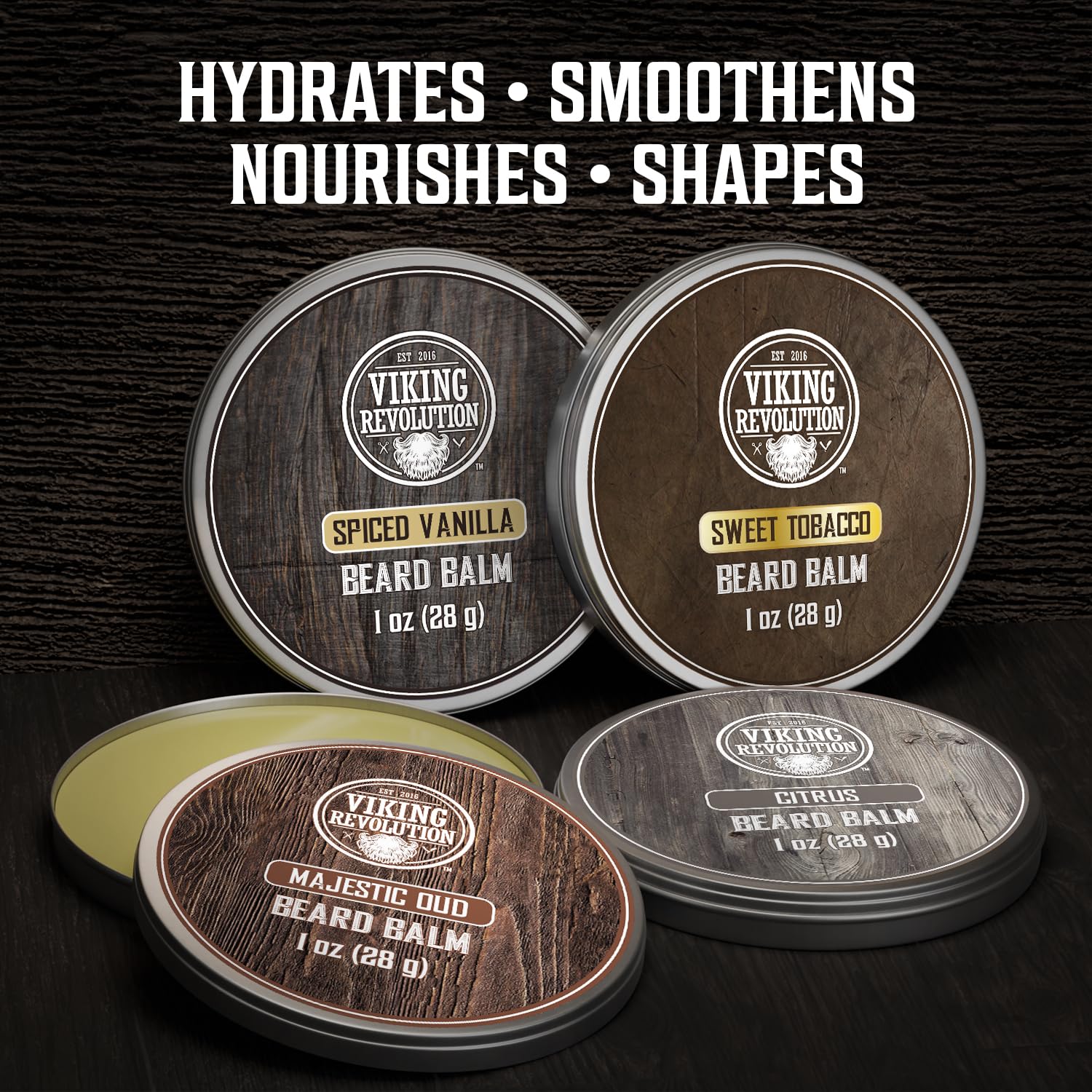 Viking Revolution 4 Beard Balm Variety Pack (1oz Each)- Spiced Vanilla, Sweet Tobacco, Majestic Oud, Citrus - Styles, Strengthens & Softens Beards & Mustaches - Leave in Conditioner Wax for Men