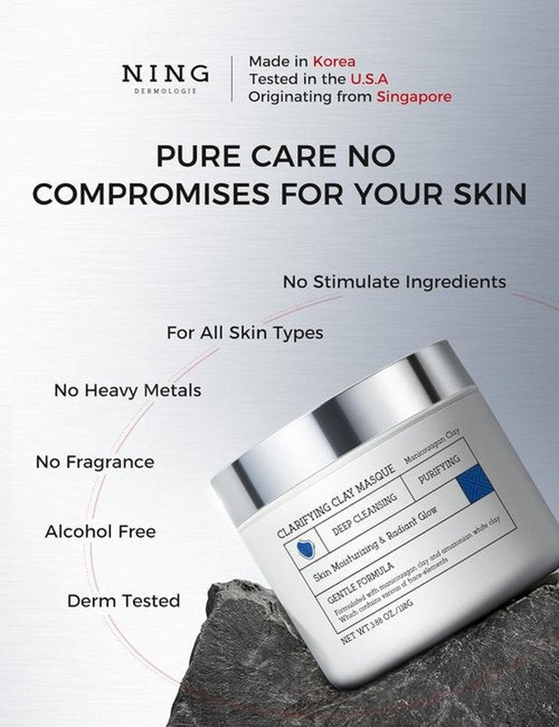 Ning Dermologie Clay Mask - Triple Mud Formula for Sensitive Skin, Deep Cleans Pores & Reduces Acne - 3.88 Oz