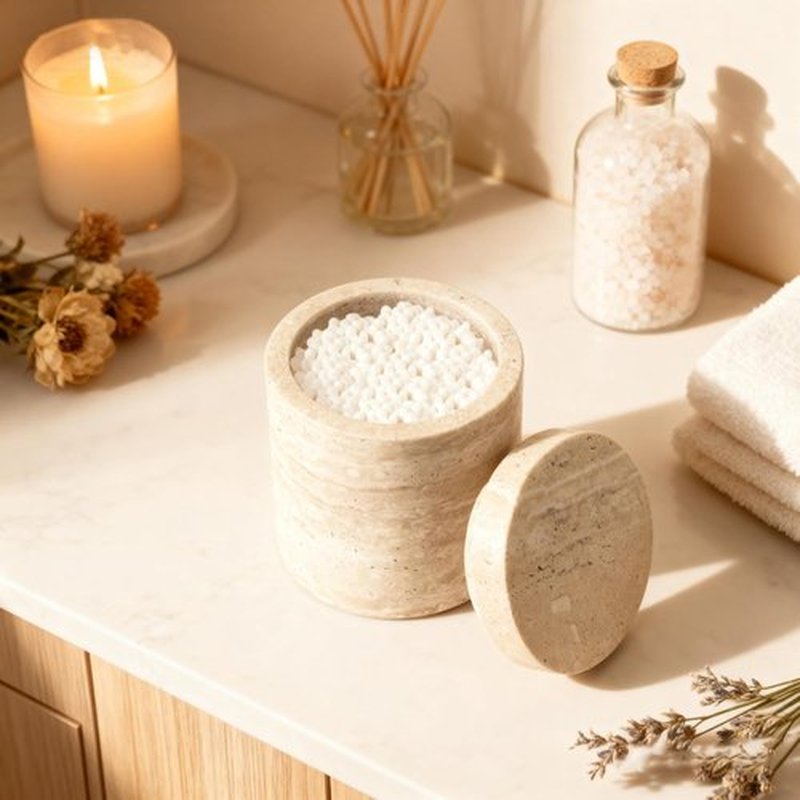 Natural Marble Canister - Elegant Cotton Swab Holder with Lid | Beige White Travertine Storage Solution