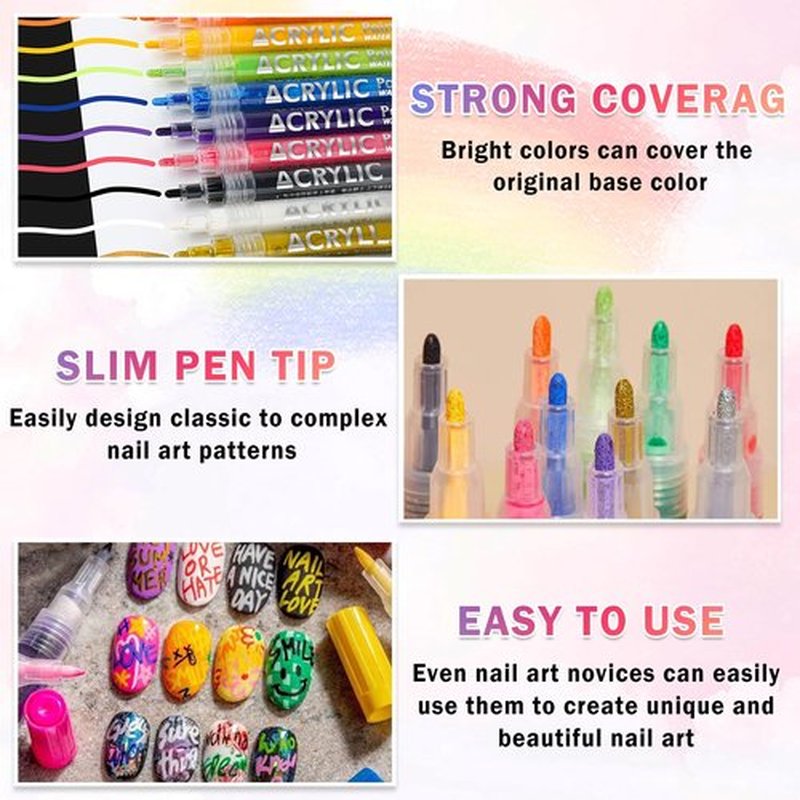 IONSGAKO 12 Colors Nail Art Pens Set Nail Polish Pens Nail Art Drawing Pen Quick Dry Waterproof Nail Art Painting Pens kit for Home DIY Nail Art Design