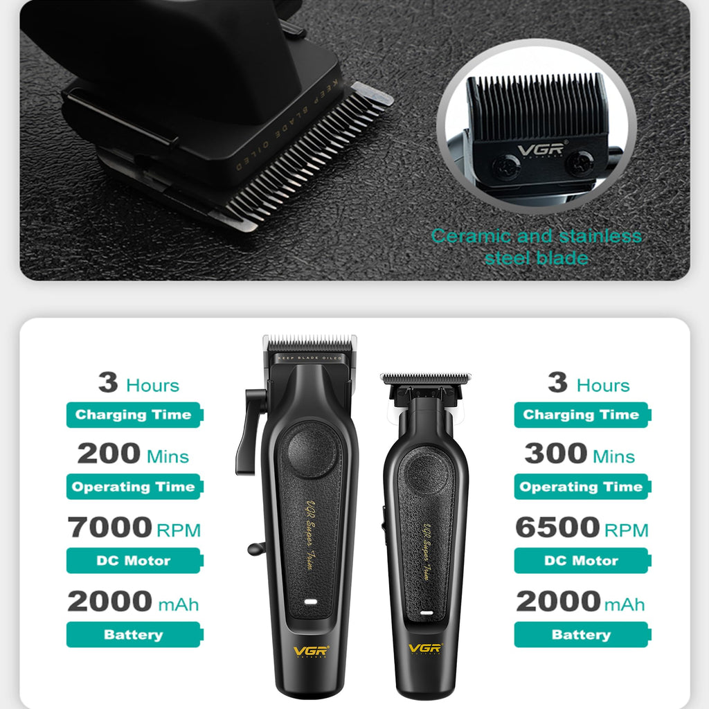 VGR Professional Hair Clippers for Men - Cordless Barber Clippers & Zero Gapped Trimmer Set, 7000RPM High Power Hair Cutting Kit with Ceramic Blade, USB-C Rechargeable Grooming Tools for Fade V197&995