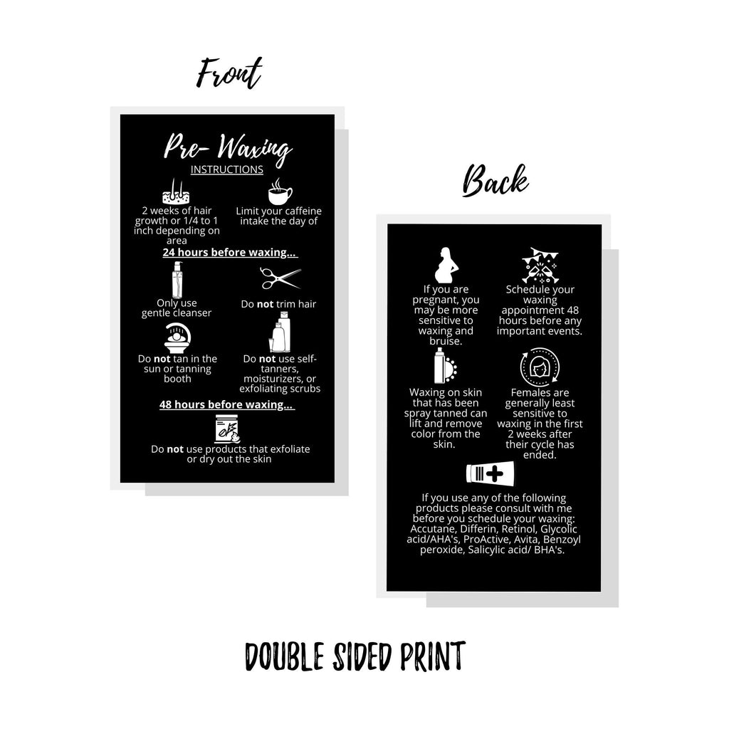 Waxing Aftercare Cards | 50 Pack | Size 2 x 3.5” inches Business Card Size | Waxing Aftercare Kit Cards PMU | Aftercare Instructions Black with Icons Design (Pre-Waxing)