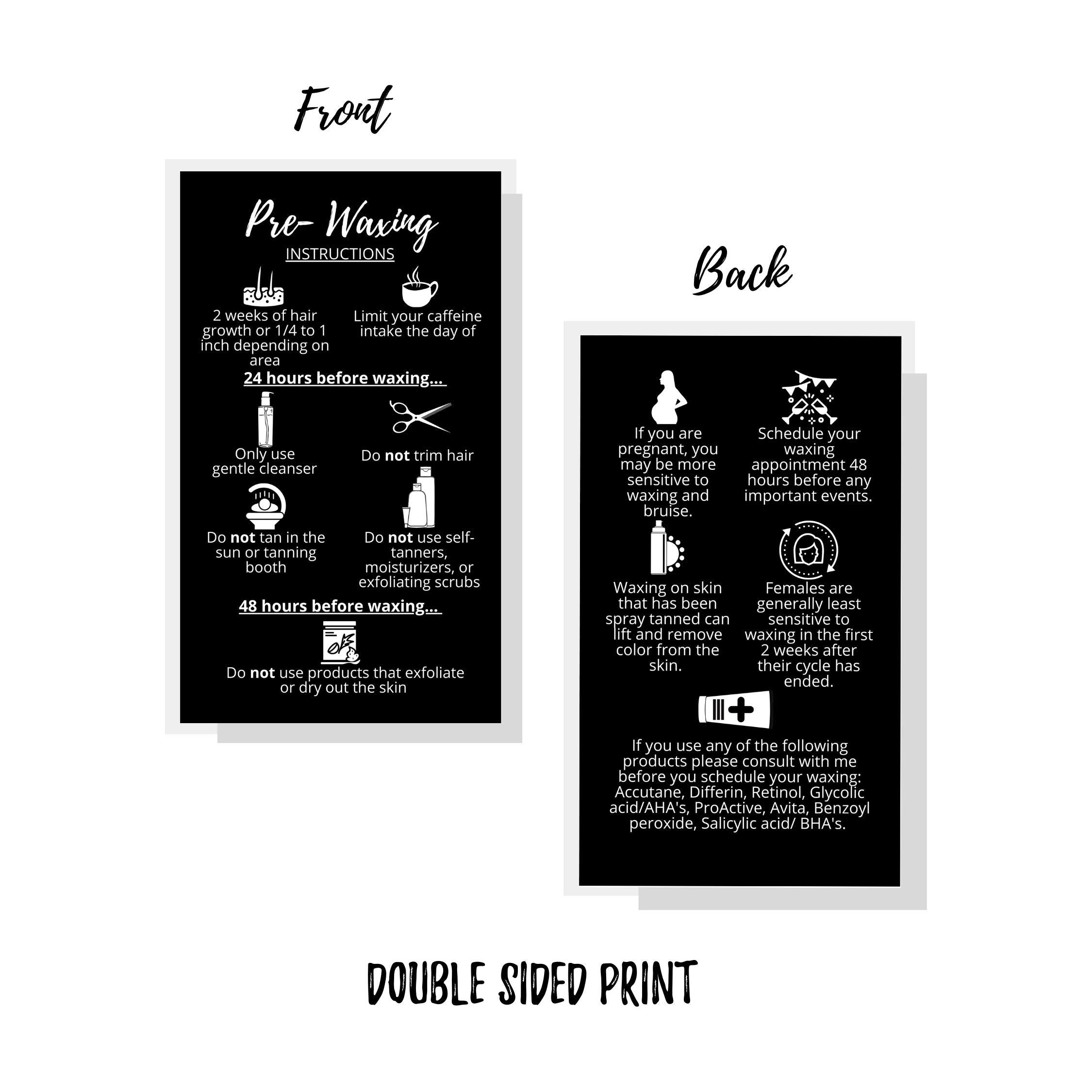 Waxing Aftercare Cards | 50 Pack | Size 2 x 3.5” inches Business Card Size | Waxing Aftercare Kit Cards PMU | Aftercare Instructions Black with Icons Design (Pre-Waxing)