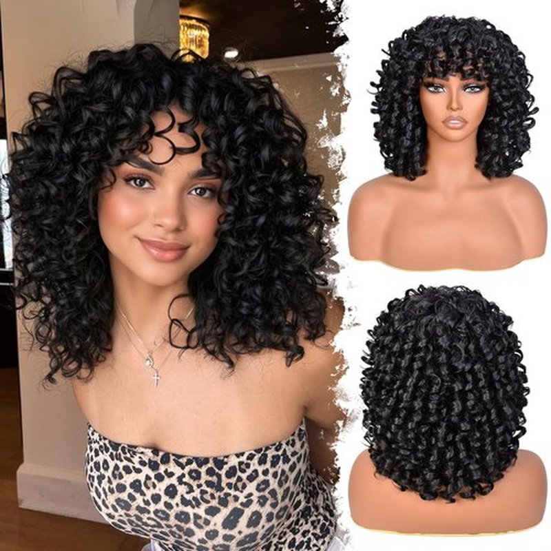SweeceHair Curly Wigs for Black Women Black Short Afro Curly Wig with Bangs 14 Inch Bouncy Fluffy Heat Resistant Synthetic Wig for Daily Party Use