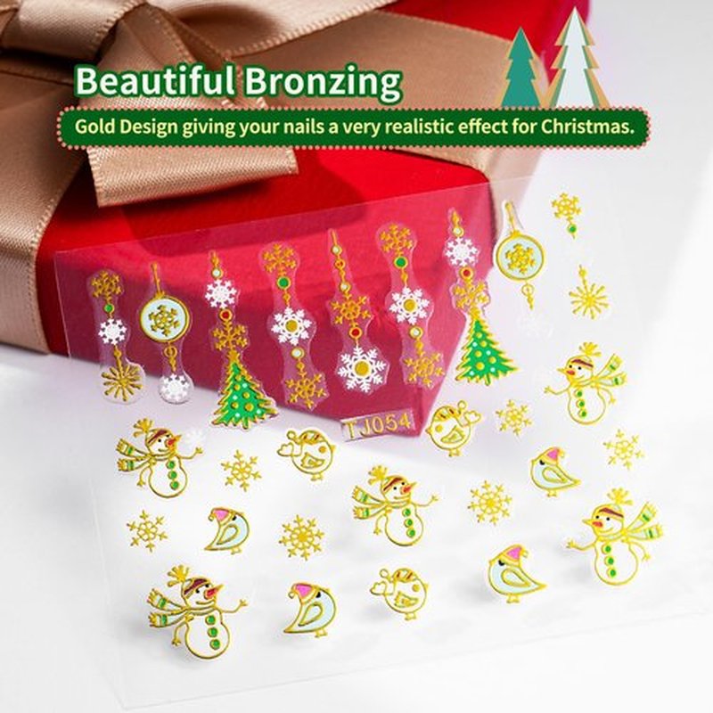 Pretty Diva Christmas Nail Stickers - 10 Packs 3D Metal Gold Xmas Design Self-Adhesive Nail Decals, Bronzing Snowflakes Snowmen Santa Xmas Tree Nail Art Stickers Tips DIY Decoration for Women Kids