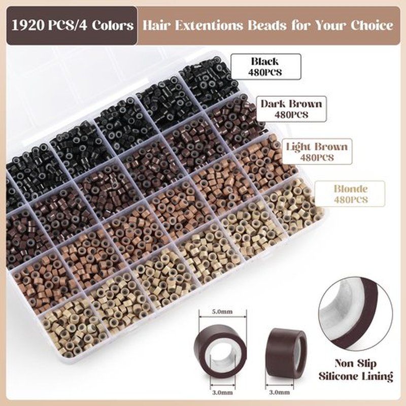 Silicone Beads for Hair Extensions, Funtopia 1920pcs 4 Colors 5mm Hair Extension Beads, Silicone Lined Micro Rings Links, Hair Tinsel Bead for Hair Styling (Black-Dark Brown-Light Brown-Blonde)