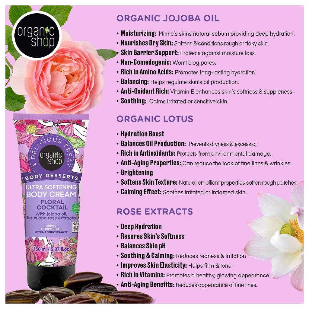 Organic Shop Jojoba Oil, Lotus & Rose Extract, Ultra Softening & Hydrating Body Cream, 100% Vegan & Organic, Daily Moisturizer, Body, Face & Hand Natural Lotion, Intensive Care Hydration. 150ml