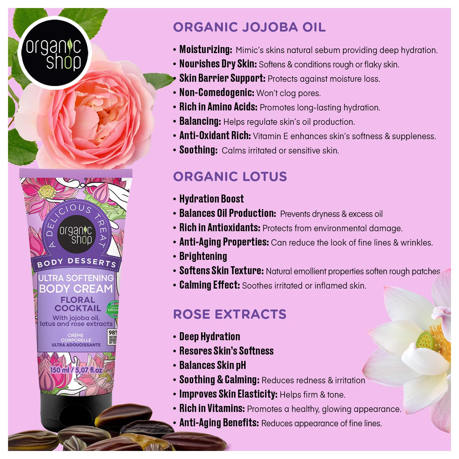 Organic Shop Jojoba Oil, Lotus & Rose Extract, Ultra Softening & Hydrating Body Cream, 100% Vegan & Organic, Daily Moisturizer, Body, Face & Hand Natural Lotion, Intensive Care Hydration. 150ml