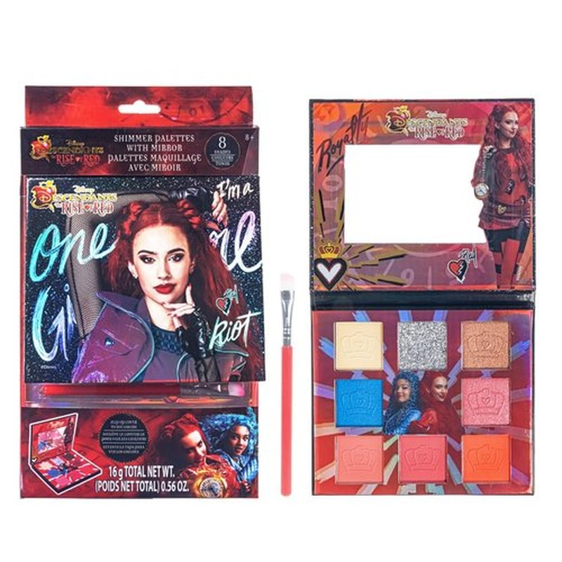 Descendants: The Rise of Red - 8 Well Eyeshadow Shimmer Palette with Mirror and brush, Shimmery and Opaque Colors, Pigmented Blendable for Girls Ages 8+, Perfect for Birthday, Parties by Townley Girl
