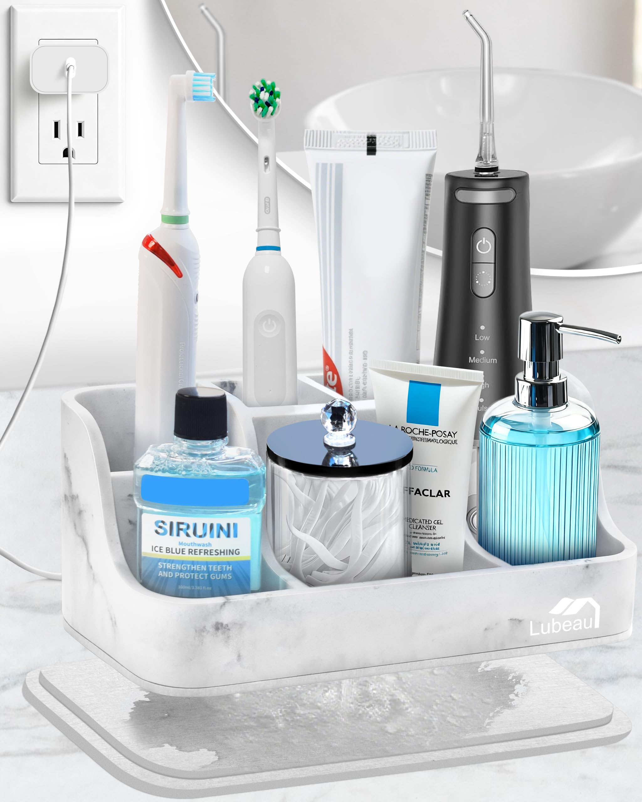Electric Toothbrush Holder with Instant-Dry & 6 Slots | Upgrade Heavy-Duty Large Countertop Organizer with Cable Holes, Fits Most Electric & Manual Toothbrushes (Marble White)