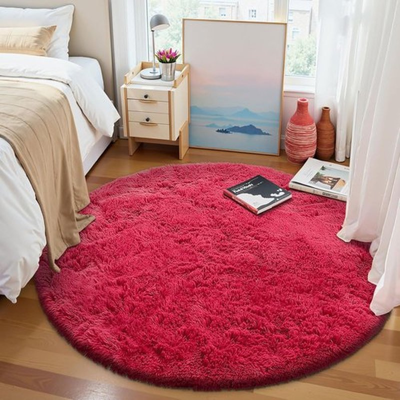 OLANLY Red Round Area Rug - Soft, Fluffy, Machine Washable 8 ft Circle Carpet for Bedroom & Living Room Decor