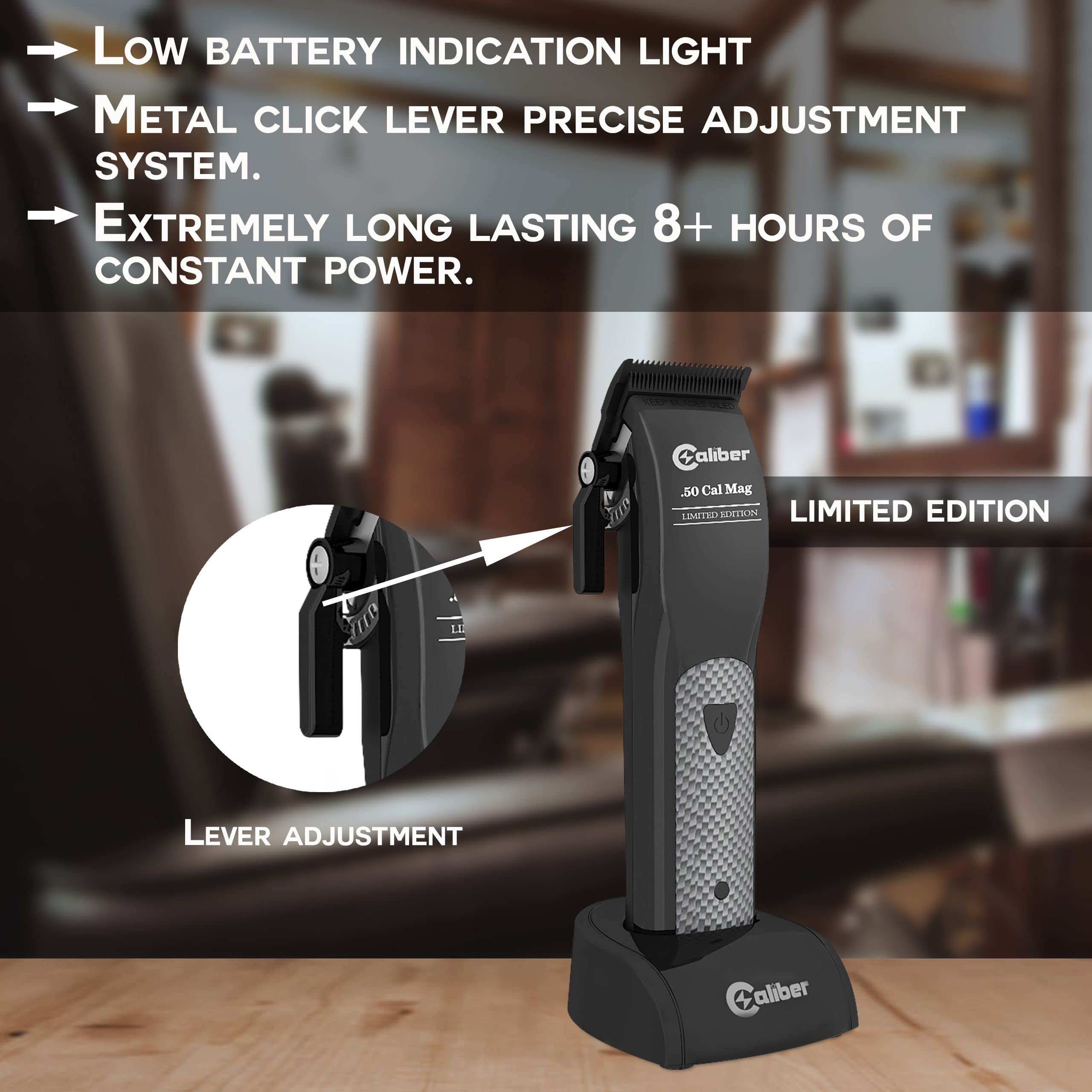 Caliber Pro - .50 Cal Limited Edition Clipper - Long Lasting 8+ Hours of Power - Ultra Low Noise Technology - Rechargeable Powerful Battery - Easy Zero Gap Cut - Hair Grooming Tool for Men (Black)