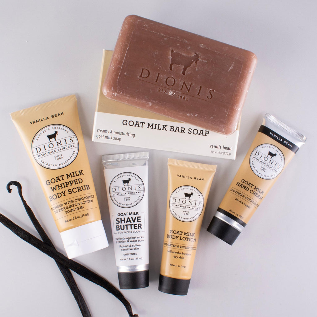 Dionis Goat Milk Vanilla Bean Hand Cream, Body Lotion, Whipped Body Scrub, Shave Butter, Bar Soap 6 oz & Carrying Case 6-Piece Travel Set