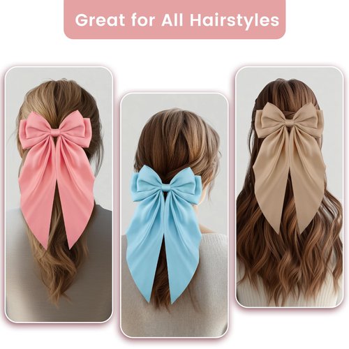 TUBIAN 6PCS Oversized Hair Bows for Women & Girls Large Bow Hair Clips with Long Tail Ribbons, Elegant Barrettes for Thick & Thin Hair, Fashionable Hair Accessories