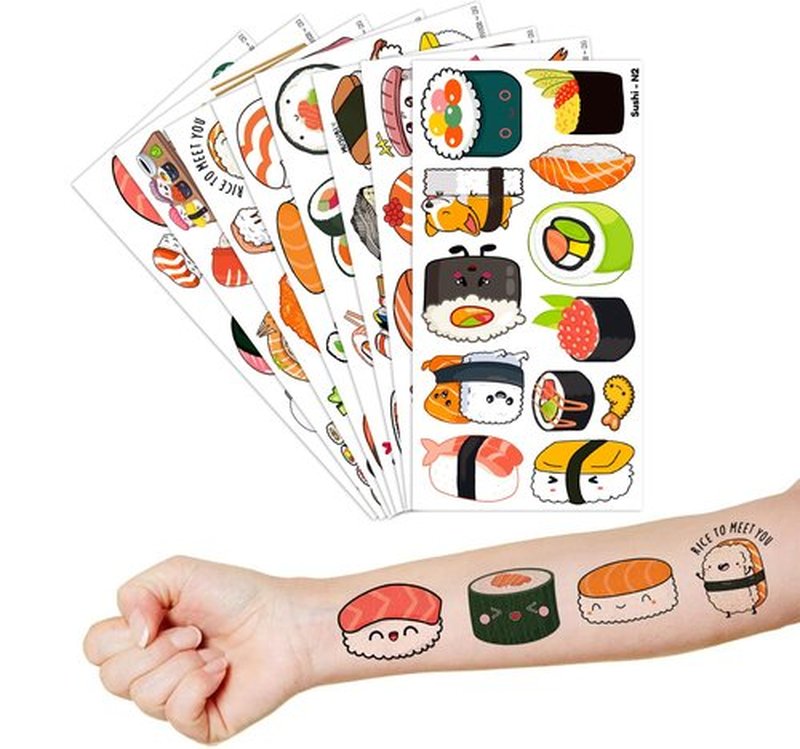 Sushi Temporary Tattoos 8 Sheets 96 PCS Sushi Roll Party Decorations Favors Supplies Japanese Theme Birthday Cute Stickers Christmas Gifts for Boys Girls Kids Class School Prizes Carnival