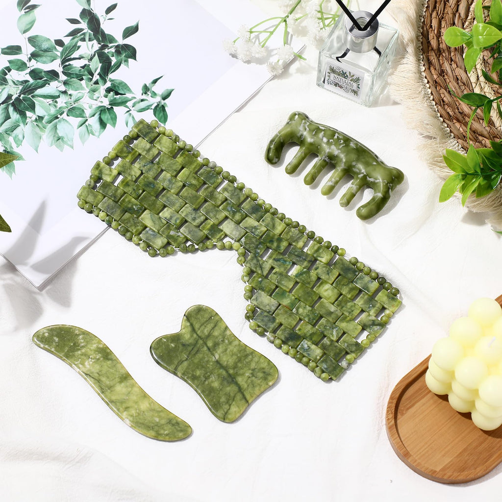 Weysat 4 Pcs Gua Sha Facial Tools Set Jade Eye Mask Facial Jade Massage Comb Scrap Massage Tool Guasha Stone Board Multifunctional Gua Sha Comb for Spa Acupuncture Therapy Esthetician Essentials