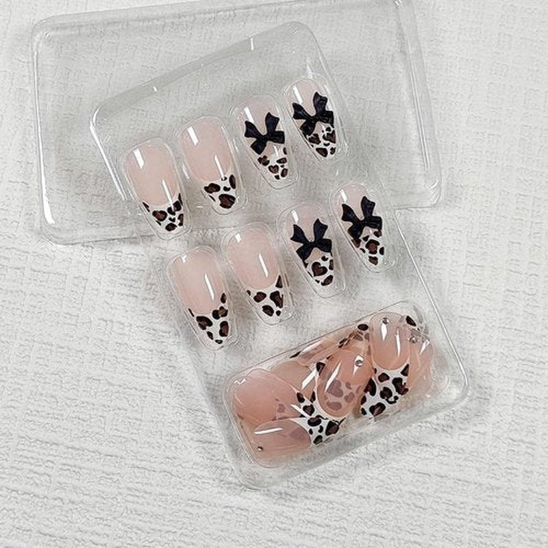TENPAL Reusable Almond Press on Nails Medium,3D Bow Leopard French Tips Rhinestones False Nails, Edgy Ins Style Fake Nails with Full Manicure Kit, Winter Animal Print 24Pcs Leopard French Nails Tips