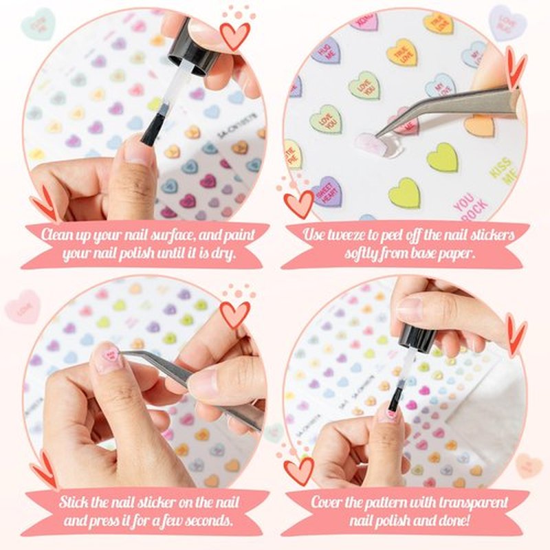 CNhoqc 8 Sheets Valentine’s Day Conversation Heart Candy Color Nail Sticker, Valentine’s Theme Colorful Nail Sticker with Sweet Words Hug Me Be Mine Cute Nail Decals for Girls DIY Manicure Supplies