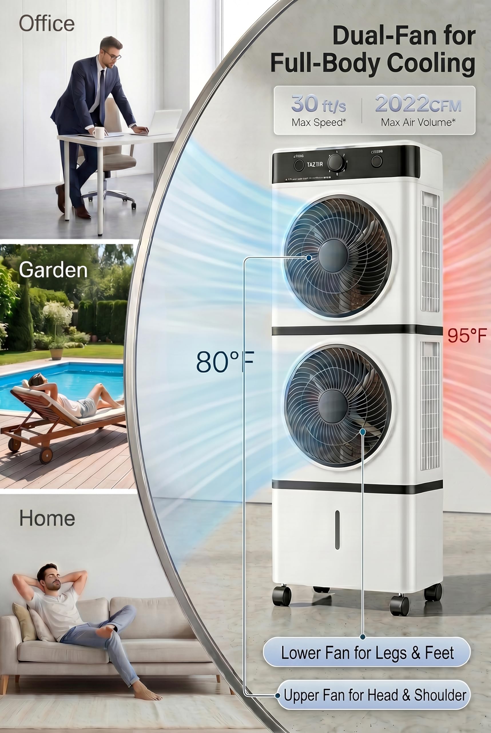 Taztir 2026 Flagship Swamp Cooler, Portable Evaporative Air Cooler, Cooling Tower Fan with 10-Gal Water Tank, 3 Modes 3 Speeds, 30H Timer, 4 Ice Packs, 45° Oscillation & Wheels for Room Office Garage
