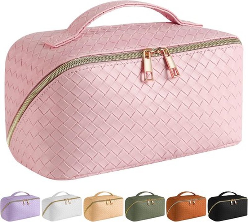 SFXULIX Large Capacity Travel Cosmetic Bag - Waterproof PU Leather Makeup Organizer | Pink with Handle & Divider