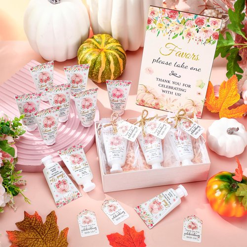 Dansib 48 Sets Fall Hand Cream Bulk Gifts for Guest Baby Shower Party Favors Travel Size Pumpkin Hand Cream with Thank You Cards for Autumn Thanksgiving Party Supplies(Pink Pumpkin)