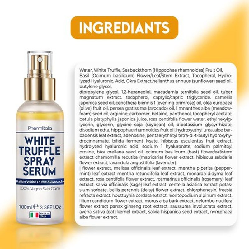Pharmlitalia Italian White Truffle Spray Serum - Vegan Skin Care - Hydrating Face Mist with Avocado & White Truffles - Face Serum for Radiant Skin - 3.38 Fl Oz