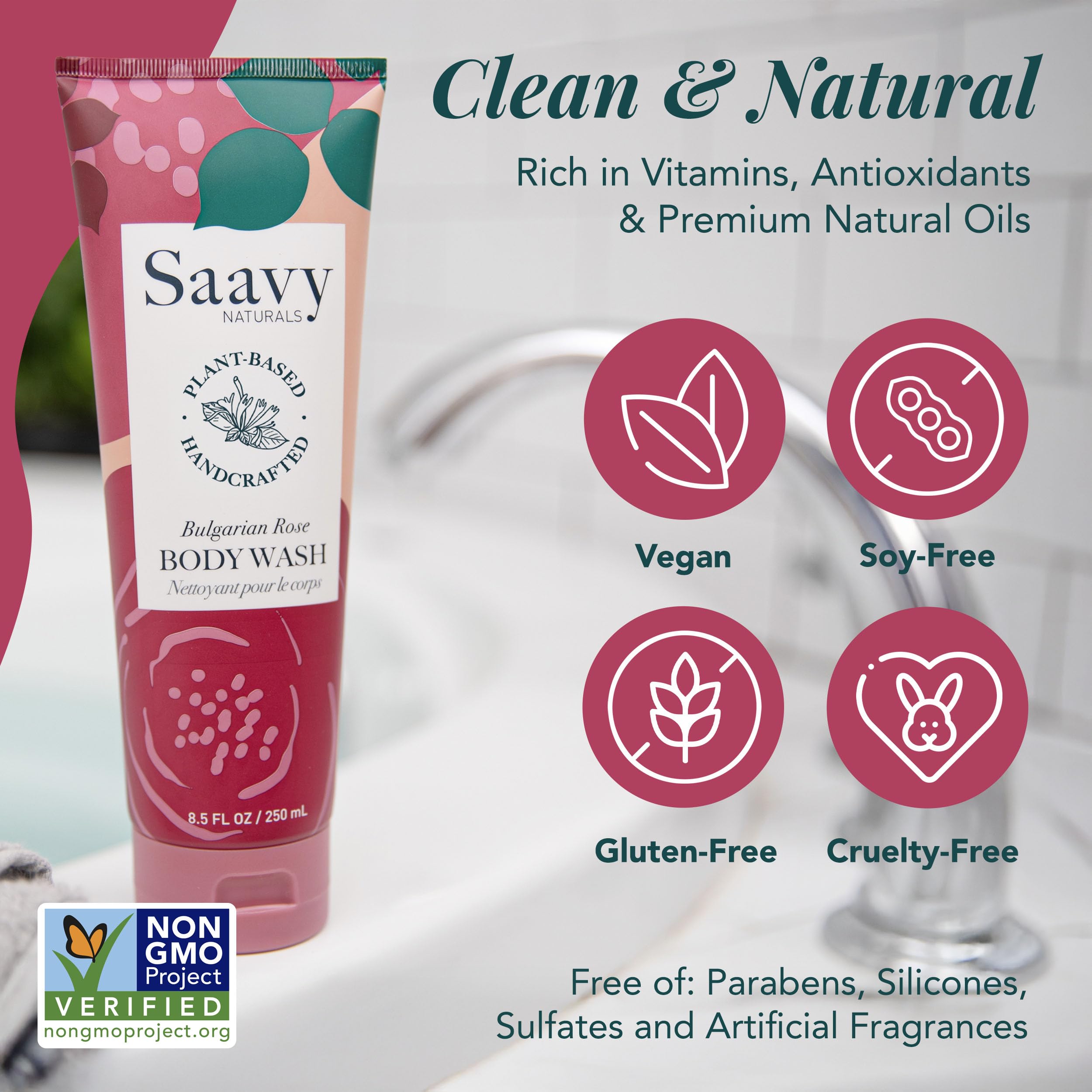 Saavy Naturals Moisturizing Body Wash for Sensitive Skin– Plant-Based & Pure with Coconut Oil, Shea Butter & Aloe Vera – Paraben-Free, Cruelty-Free – Bulgarian Rose – 8.5 fl oz, 2 pack
