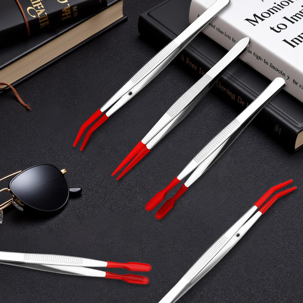 6 PCS Tweezers with Rubber Tips Set, PVC Coated Precision Tweezers, Rubber Straight Tip Tweezer Rubbers Flat Tip and Long Bent Tweezer for Craft Jewelry Beads Lab Industrial Stamps, Red