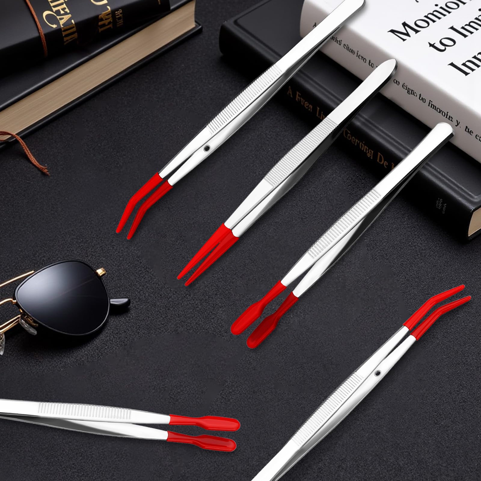 6 PCS Tweezers with Rubber Tips Set, PVC Coated Precision Tweezers, Rubber Straight Tip Tweezer Rubbers Flat Tip and Long Bent Tweezer for Craft Jewelry Beads Lab Industrial Stamps, Red